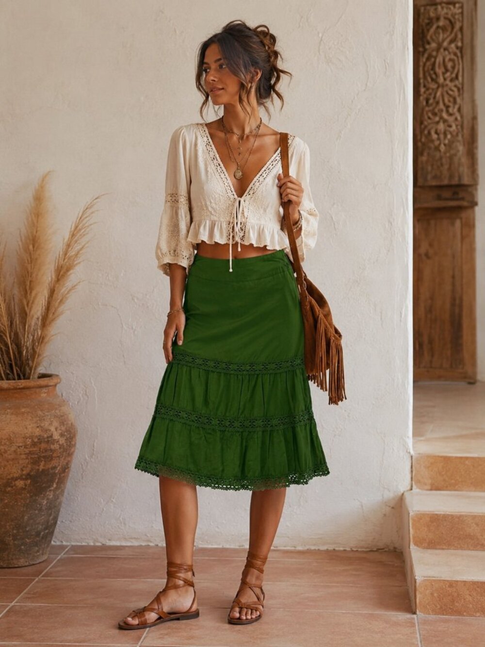 High Sierra 100% Cotton Boho Cottagecore Tiered Crochet Trim Skirt | Size 4